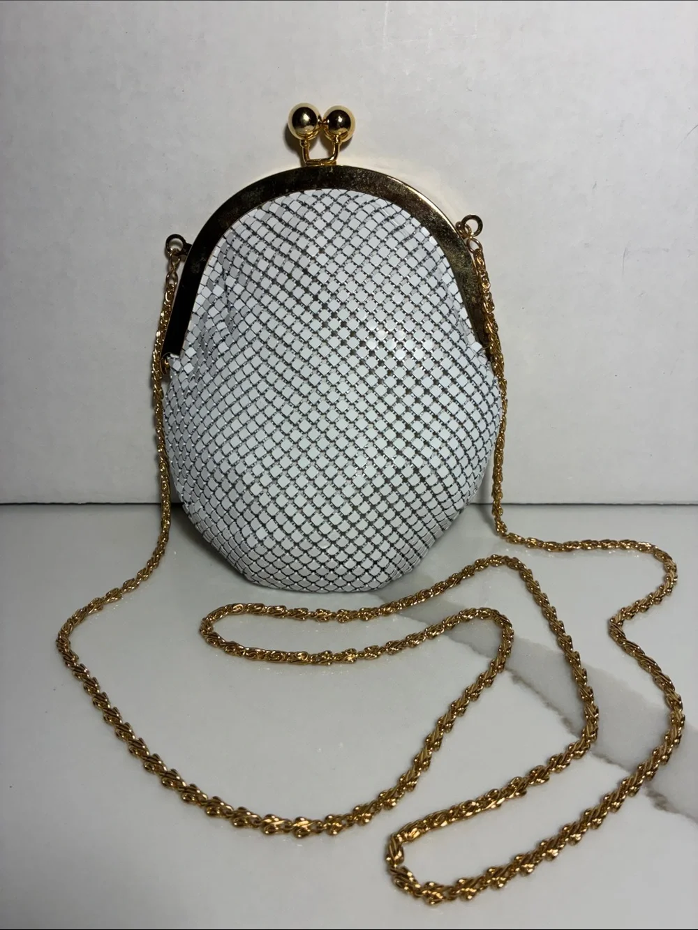 White Mesh Evening Crossbody Bag with Gold Chain